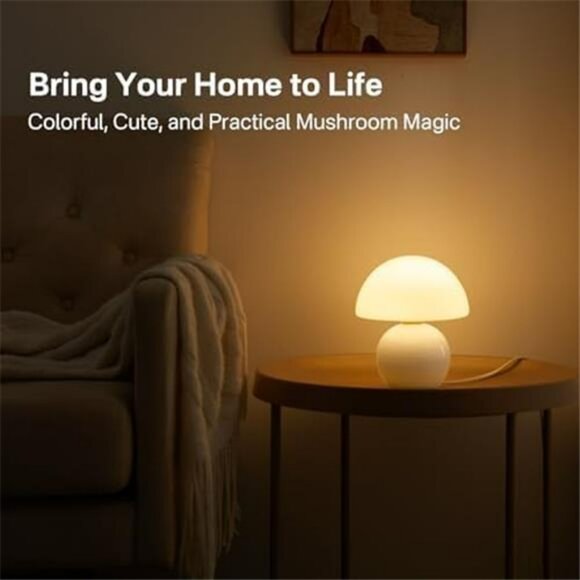 White Mushroom Table Lamp Glass Bedside Light Small Modern Nightstand Lamp - Picture 2 of 7